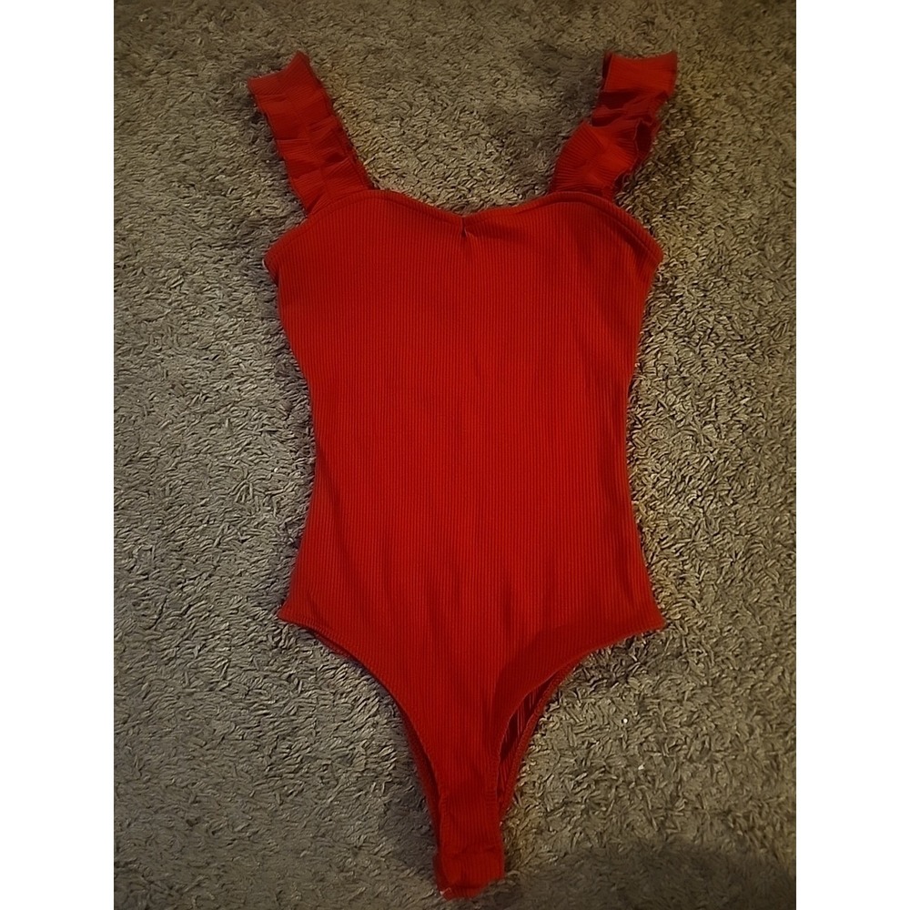 Blue Rain Ruffle Strap Red Bodysuit One Piece Too Women's Medium Snap Closure